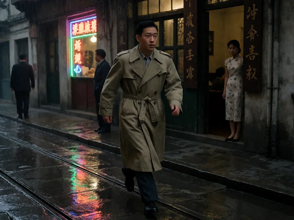 潜伏在黎明之前的剧情，雨夜街巷风衣背影