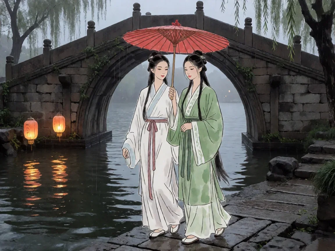 青蛇电影:看似修成正果,实则各自面对执念 - 第 1 张图片 青蛇电影,断桥雨夜共伞剪影