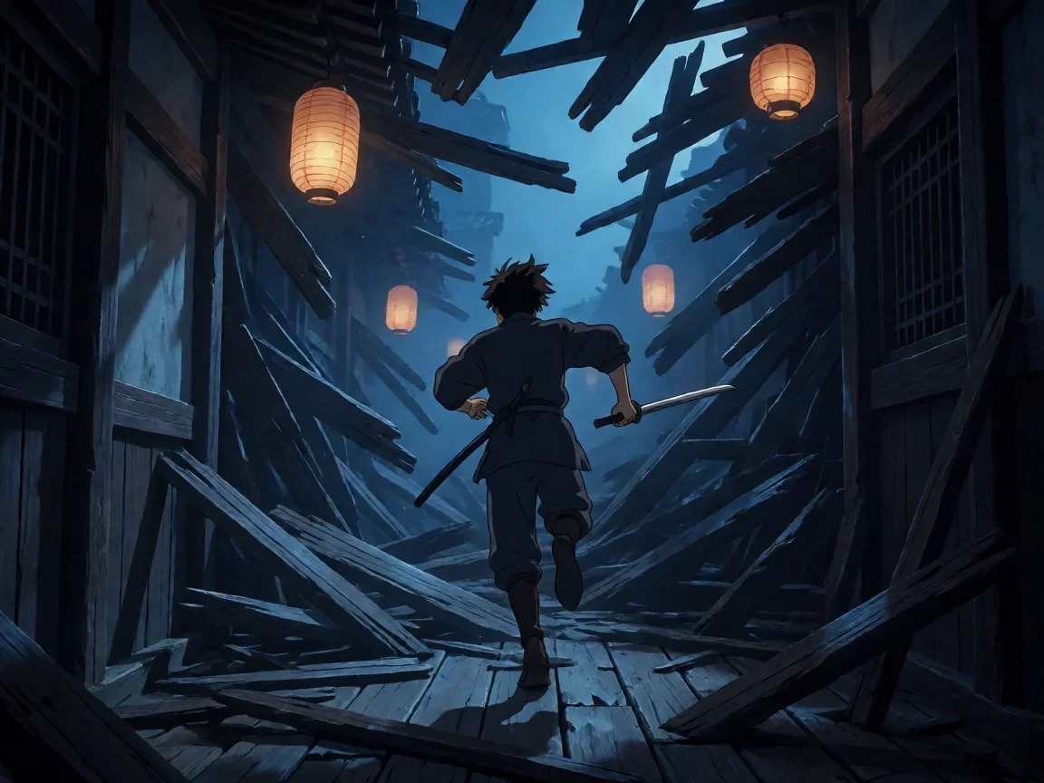 鬼灭之刃无限城剧场版:五个值得反复回看的细节 - 第 2 张图片 猎鬼少年在崩塌走廊中疾奔的追击氛围插画,鬼灭之刃无限城剧场版