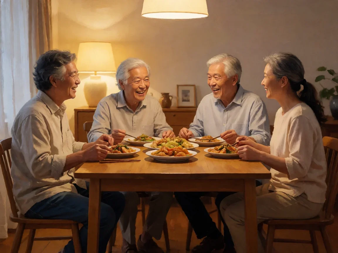 妻子的秘密剧情各人物的结局是什么:从恩怨纠缠到各自救赎 - 第 3 张图片 三代人围桌重聚的温馨家居氛围插画,妻子的秘密剧情各人物的结局是什么