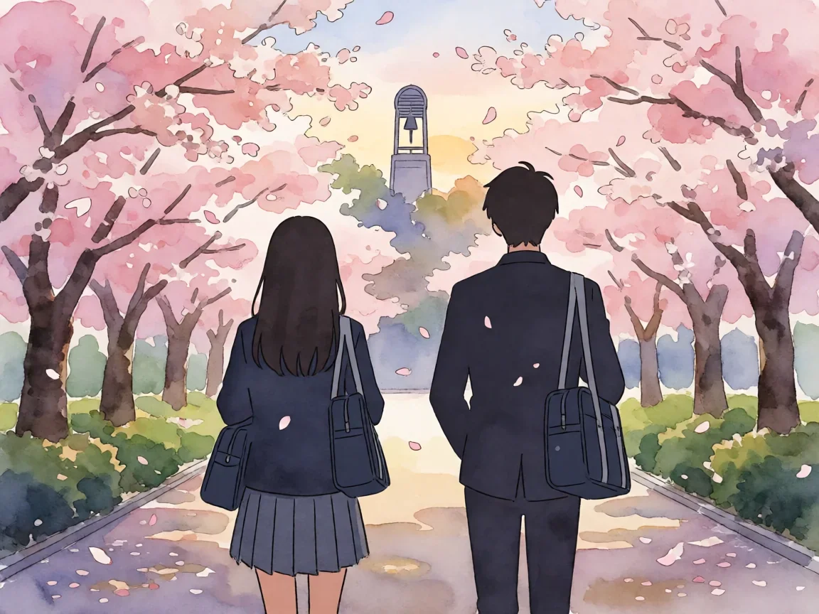 彼氏彼女的日常动漫，樱花校园双人背影