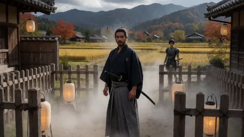 七武士动画里勘兵卫、菊千代与胜四郎的守护之战