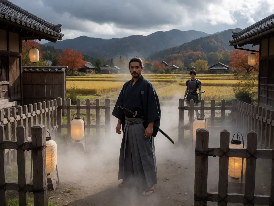 七武士动画里勘兵卫、菊千代与胜四郎的守护之战 - 第 1 张图片 七武士动画,武士集结时的古村落剪影