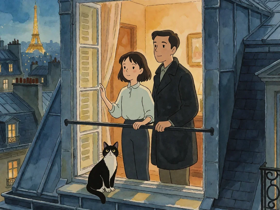 猫在巴黎动画片 屋顶、小巷与博物馆的夜间冒险 - 第 1 张图片 猫在巴黎动画片,让和父亲窗边俯瞰巴黎夜景