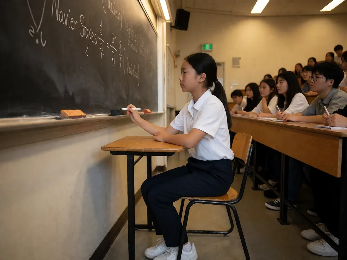 天才少女电影(看似平凡)实则藏着惊人数学天赋 - 第 2 张图片 天才少女电影,玛丽在大学课堂黑板前专注推演数学公式