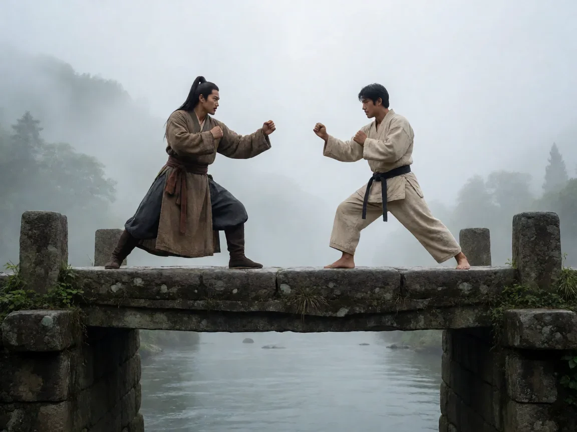 精武门陈真结局，陈真与日本对手在石桥上激烈对峙