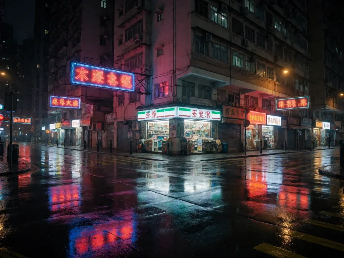 老笠香港电影 看似荒诞闹剧实则人性试炼场 - 第 2 张图片 老笠香港电影,港式雨夜街景中孤灯便利店的氛围画面