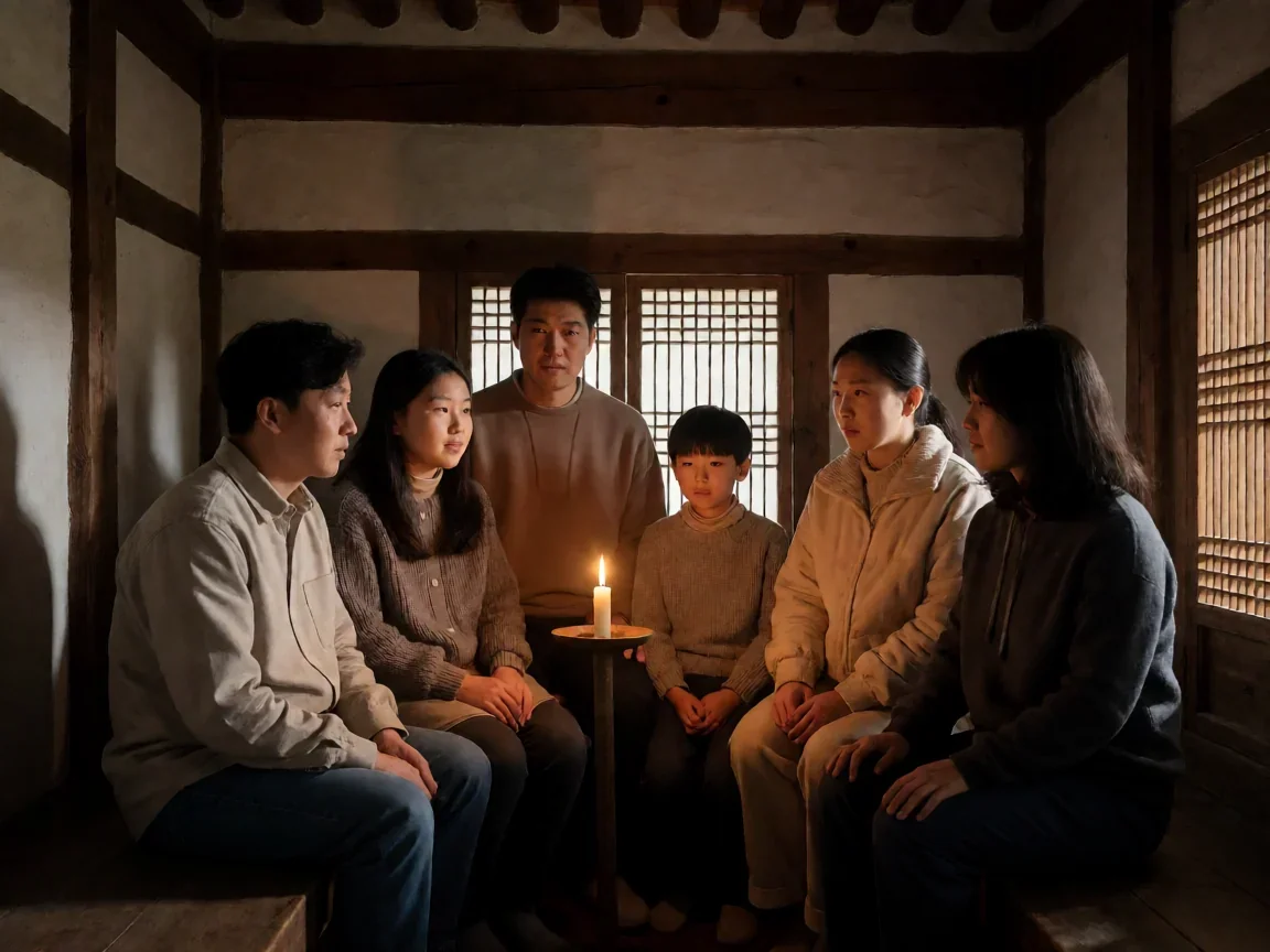 奇妙的家族 电影里被丧尸咬一口为何能变年轻? - 第 2 张图片 家庭成员在昏暗屋内分享秘密的剪影,奇妙的家族 电影