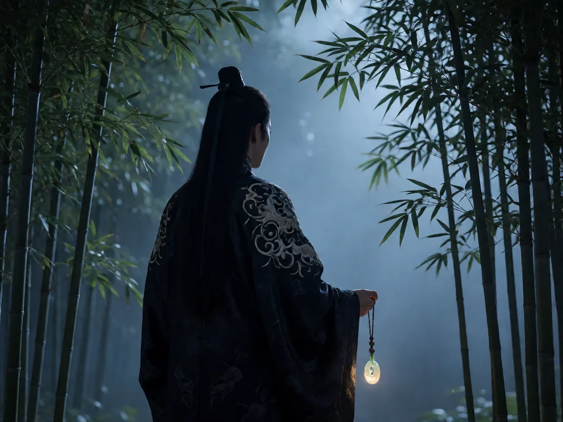 莲花争霸结局 江湖恩怨落幕谁才是真正的赢家? - 第 2 张图片 南宫远在竹林中独自沉思的背影,手中握着那枚象征沈家身份的玉佩,莲花争霸结局