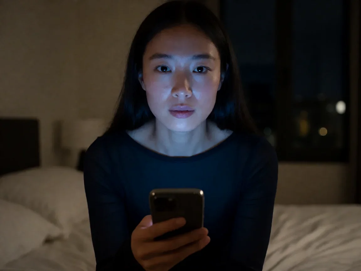 电影私人采购员 巴黎幽灵讯息与孤独守望之旅 - 第 2 张图片 深夜的巴黎公寓,手机屏幕发出幽蓝光芒,女子坐在床边凝视着手机,电影私人采购员