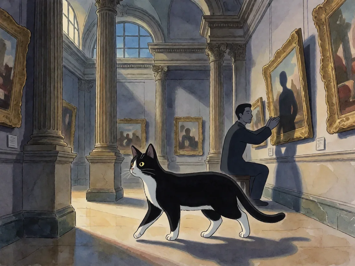 猫在巴黎动画片 屋顶、小巷与博物馆的夜间冒险 - 第 2 张图片 猫在巴黎动画片,迪诺在博物馆走廊目睹父亲归还画作