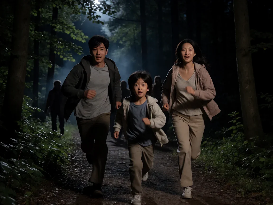 奇妙的家族 电影里被丧尸咬一口为何能变年轻? - 第 3 张图片 一家人深夜在森林小路上逃亡的背影,奇妙的家族 电影